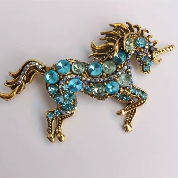 Betsey Johnson Gold Blue Unicorn Brooch - Picture 3 of 7